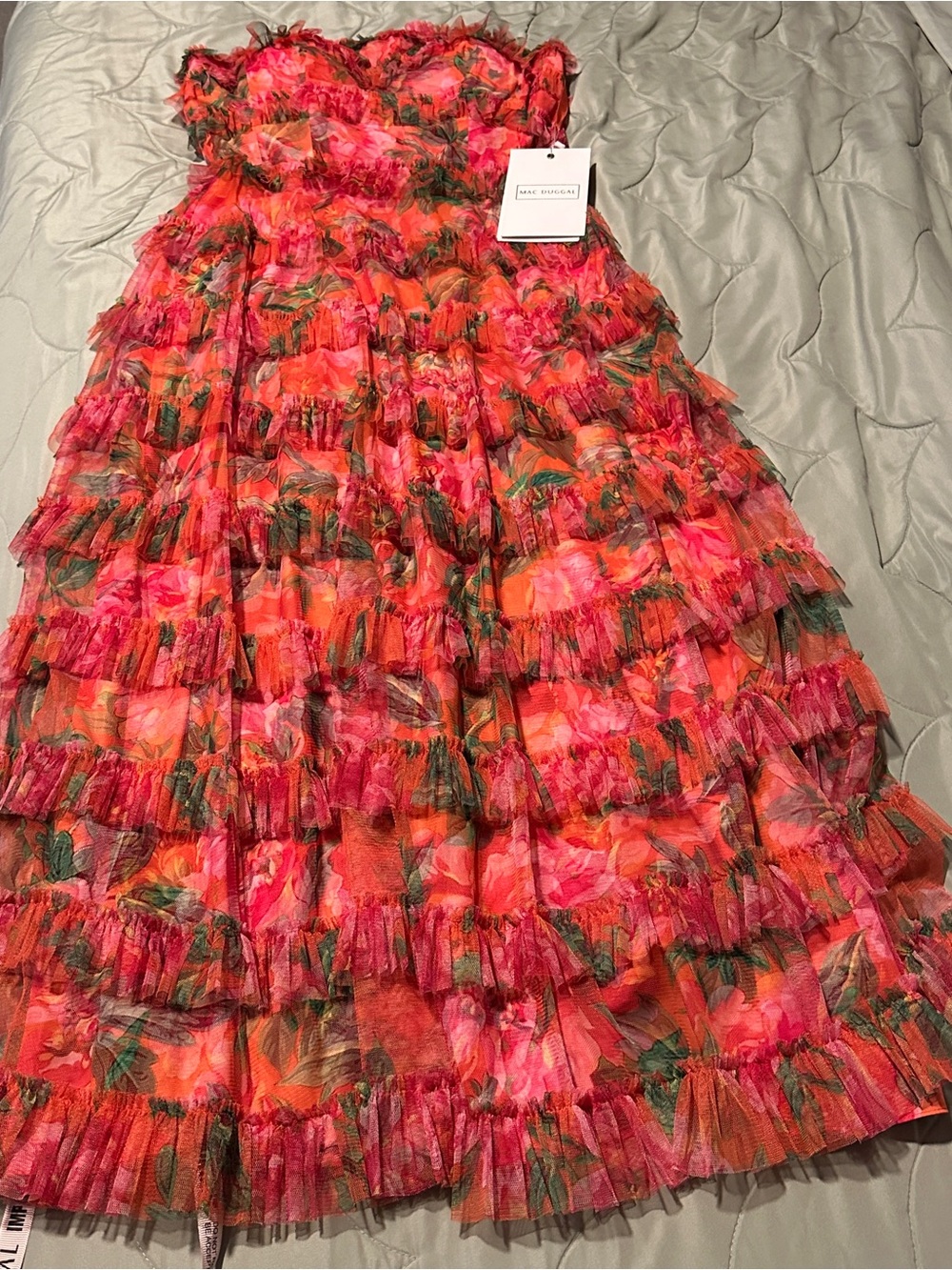Mac Duggal Strapless Floral Tiered Ruffle Maxi Dress in Coral and Pink - Picture 5 of 16